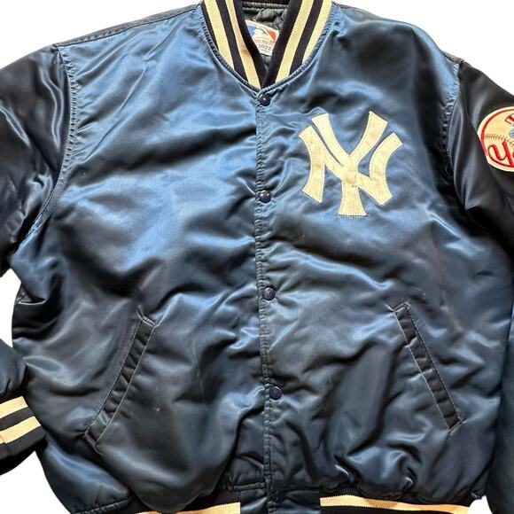 VINTAGE 80s New York Yankees STARTER Satin Jacket XL Button Bomber USA Made - Picture 5 of 16